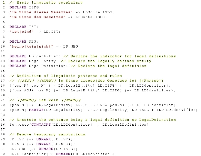Listing 1: Linguistic pattern descriptions (LD.ruta) for the semantic entity Legal Definition using Apache Ruta