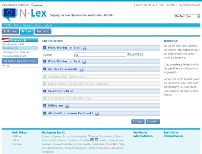 Fig. 11 Access to RIS as seen from N-Lex (user interface for querying consolidated federal law, the only type of law available for N-Lex access)
