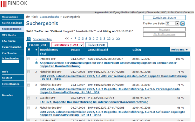 Abbildung 1: Bei einer Suche erhält man in der Ergebnisliste die Treffer von Findok, LexisNexis und Lindeonline in gesonderten Registern angezeigt.